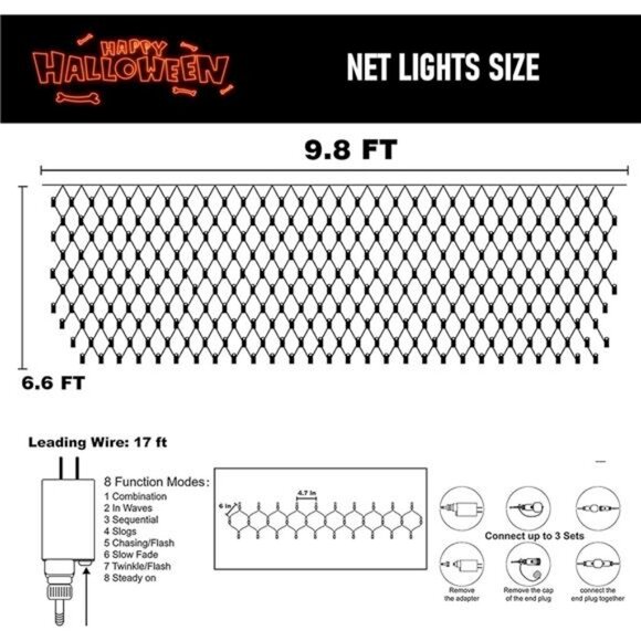 Halloween 200 LED Net Lights, 9.8 FT x 6.6 FT Connectable Mesh - Picture 2 of 7